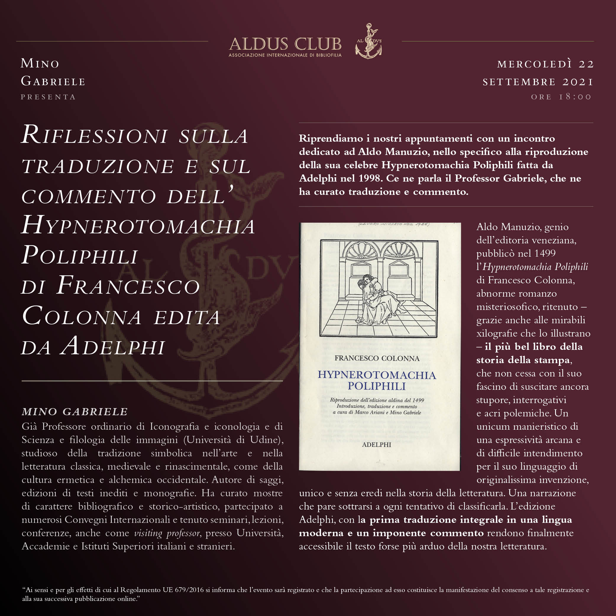 Mino Gabriele presenta: riflessioni sulla traduzione e sul commento dell’Hypnerotomachia Poliphili di Francesco Colonna edita da Adelphi