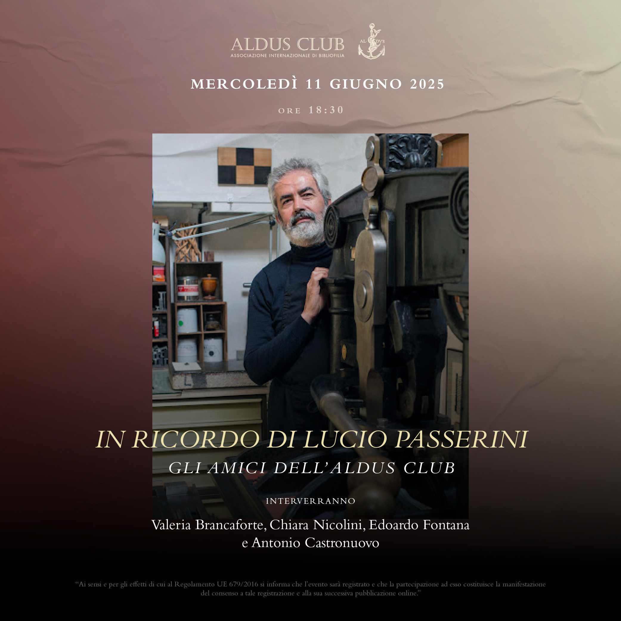 In ricordo di Lucio Passerini, gli amici dell’Aldus Club. Mercoledì 11 giugno ore 18:30